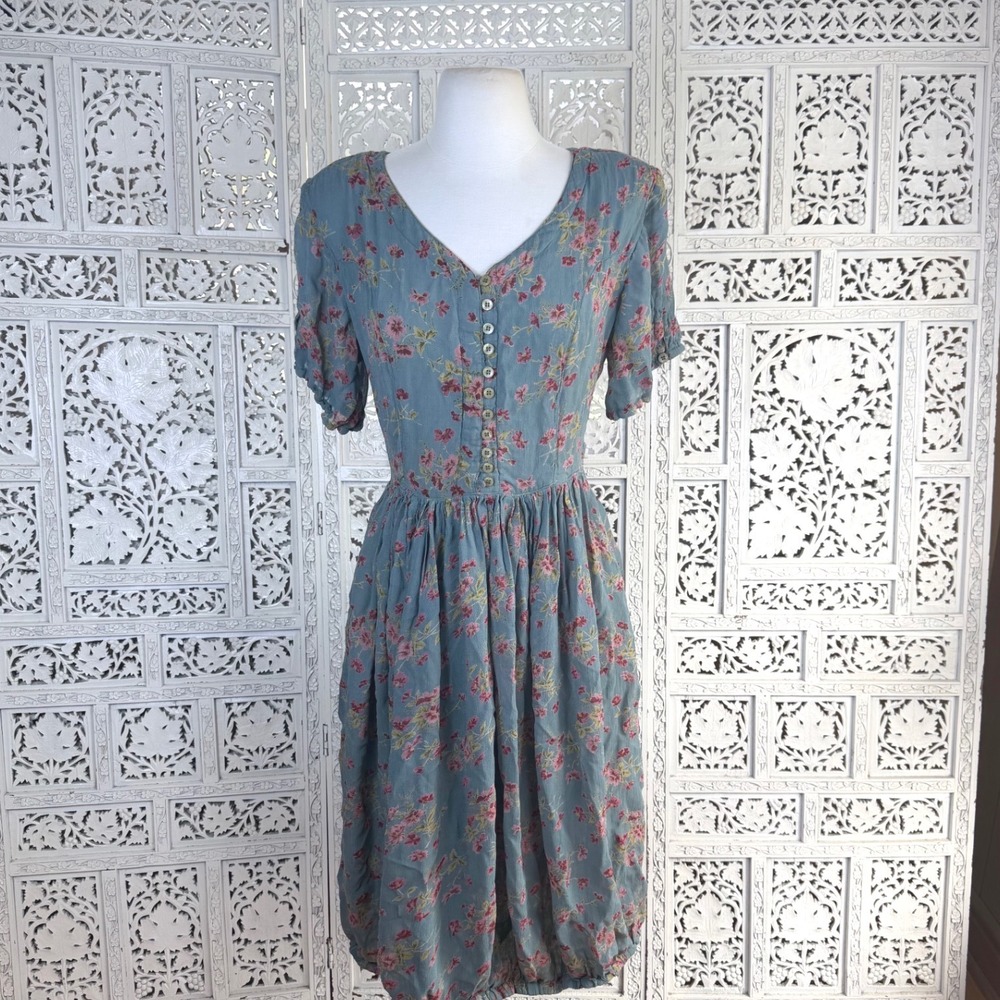 Vtg Milkmaid Prairie Button Dress Sz Medium Retro Short Sheer Sleeve Cottage